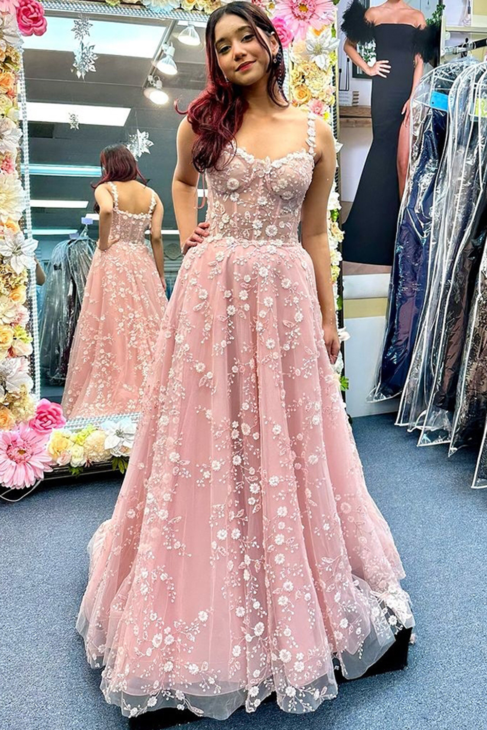 Long Corset Prom Dress in Blush with A-Line Silhouette and Spaghetti Straps Adorned with Appliques