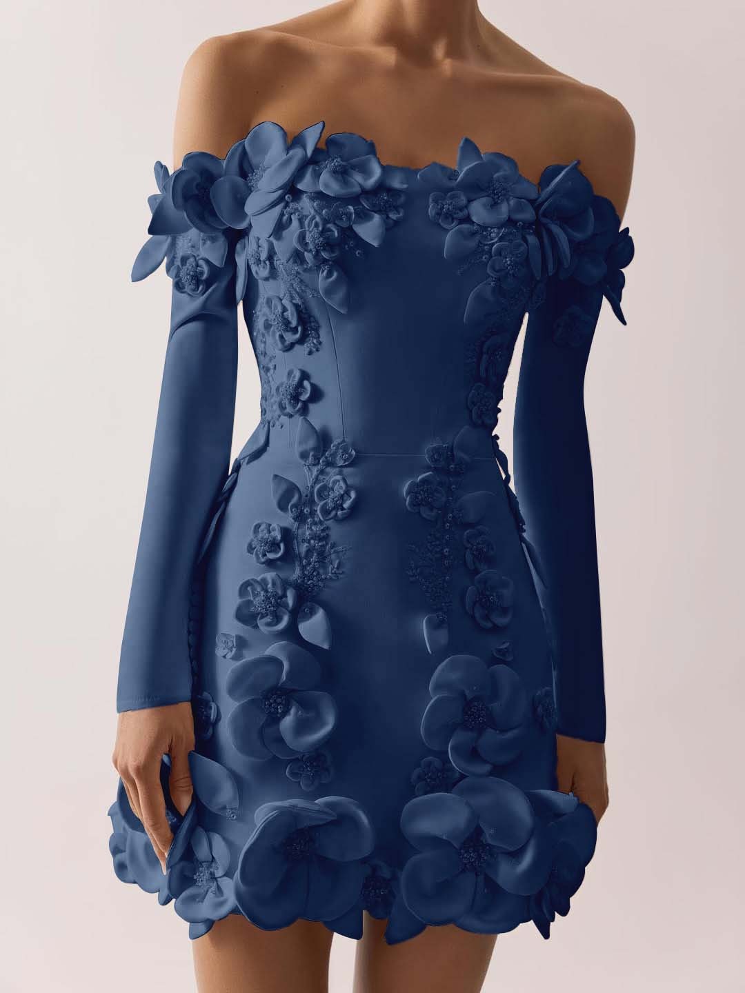 Off the Shoulder Long Sleeves Short Formal Dress With Appliques
