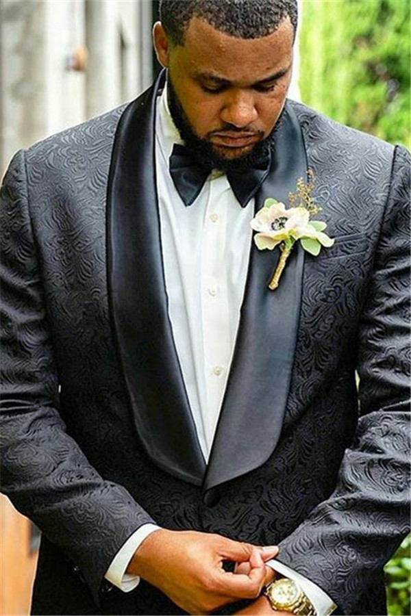 Luxury Black Shawl Lapel Jacquard Wedding Suit for Men