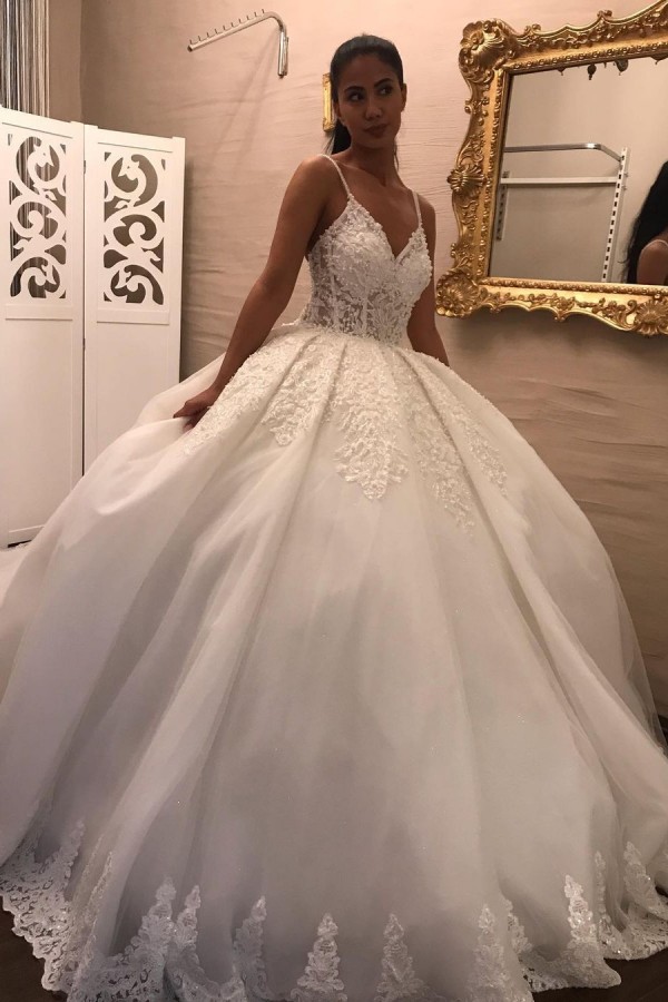 Classic V-Neck Floor-Length Ball Gown Spaghetti-Straps Wedding Dress Appliques Lace with Tulle