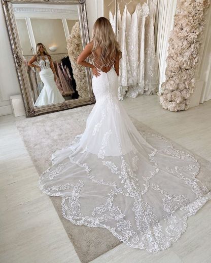 Stylish Long Mermaid Spaghetti-Straps Satin Backless Wedding Dress with Lace