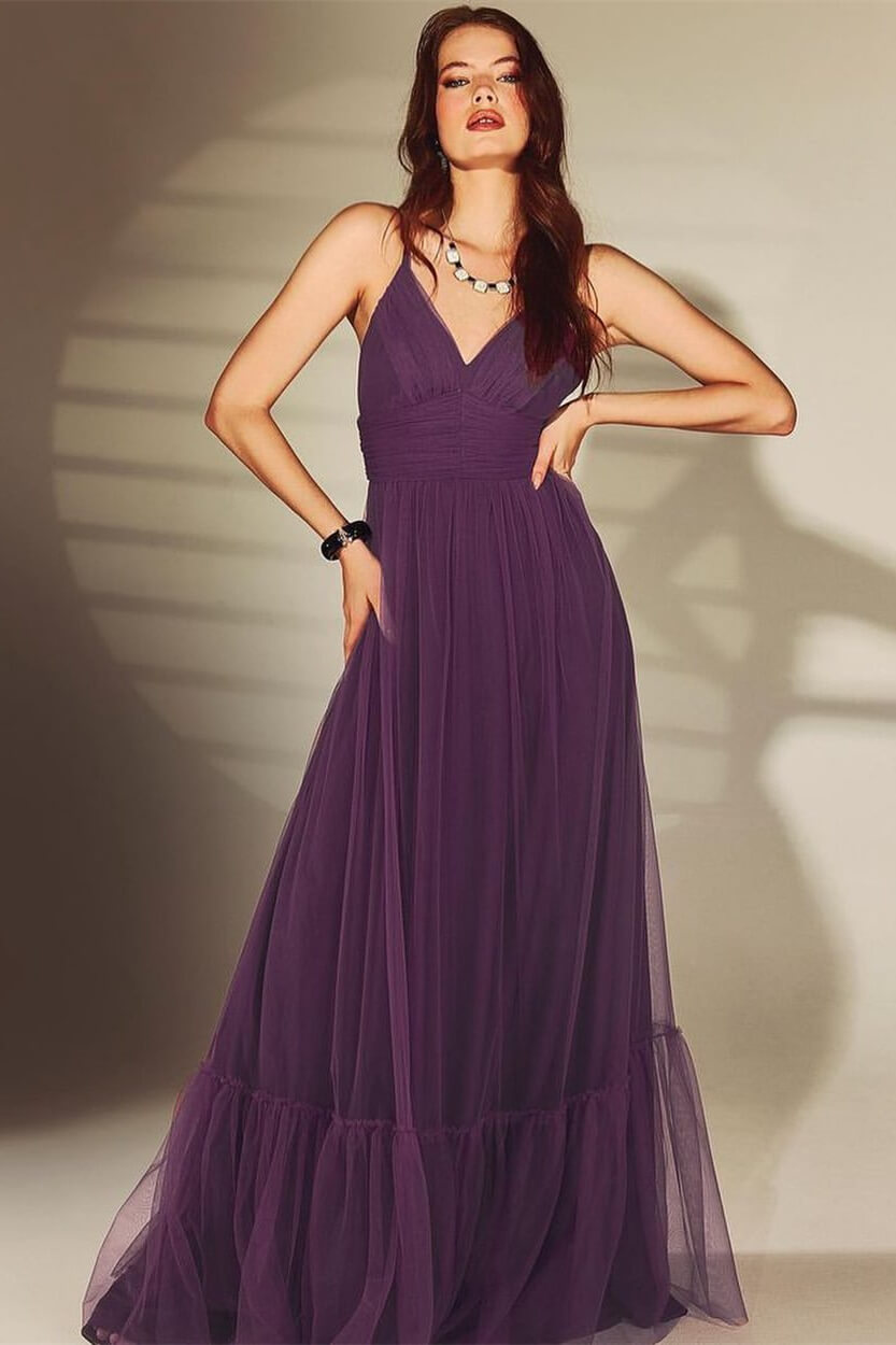 V-Neck Shine Spaghetti-Straps Evening Dress Dark Purple