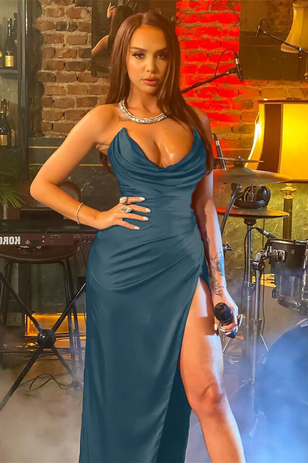 Royal Blue V-Neck Slit Mermaid Long Evening Dress With Pleats