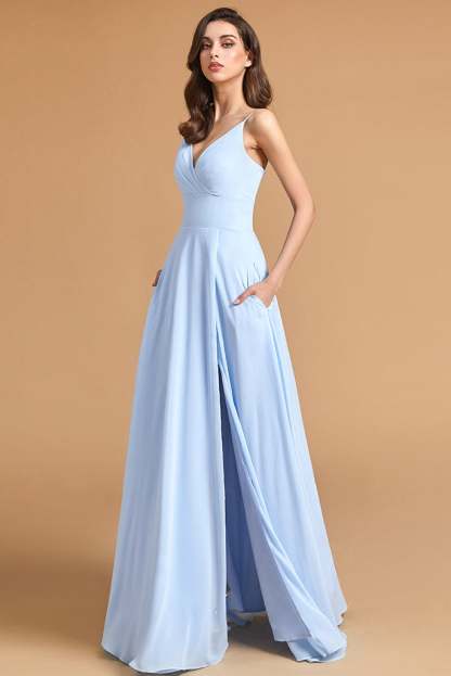 V-Neck Spaghetti-Straps Split Bridesmaid Dress with Pockets