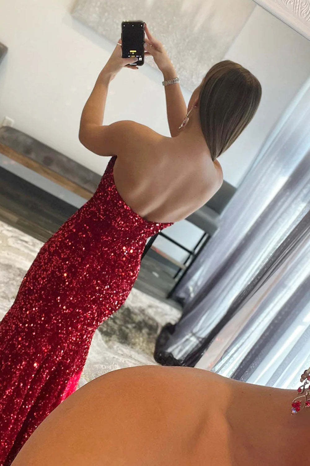 Long Red Prom Dress with Mermaid Sequins and Slit