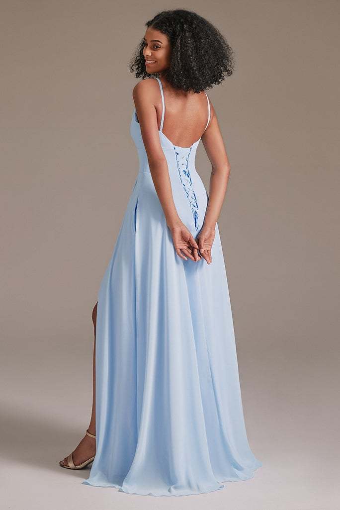 Spaghetti-Straps Slit V-Neck Bridesmaid Dress