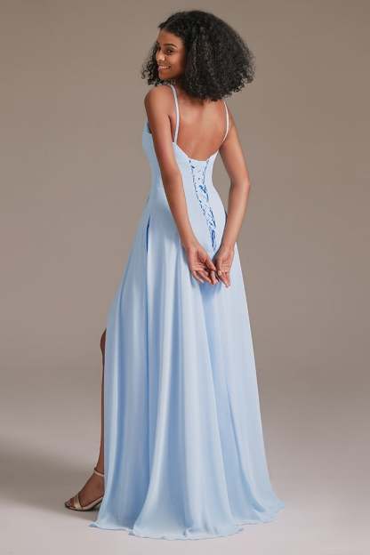 Spaghetti-Straps Slit V-Neck Bridesmaid Dress