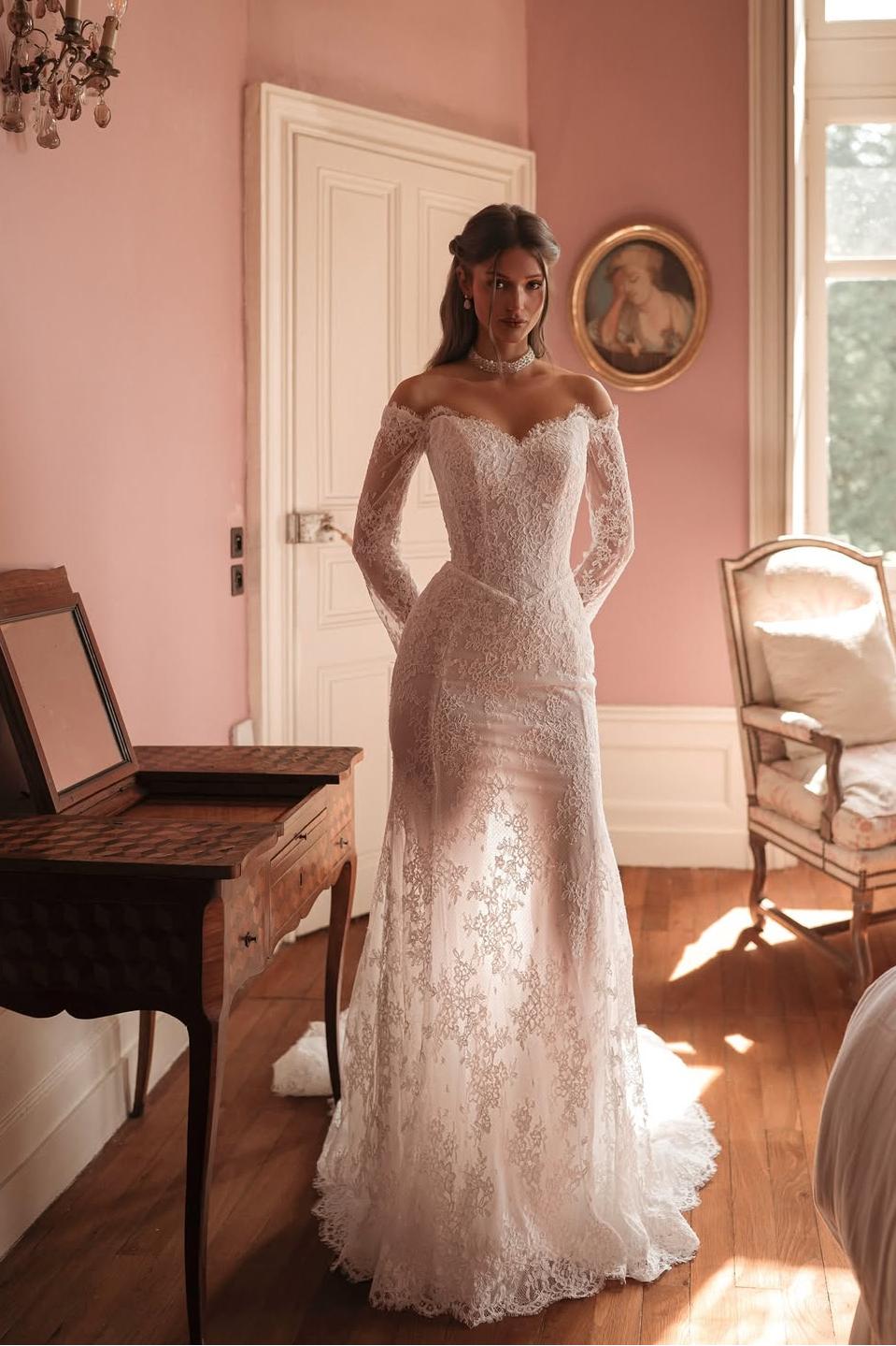 Off the Shoulder Long Sleeves Long Formal Dress With Lace Appliques