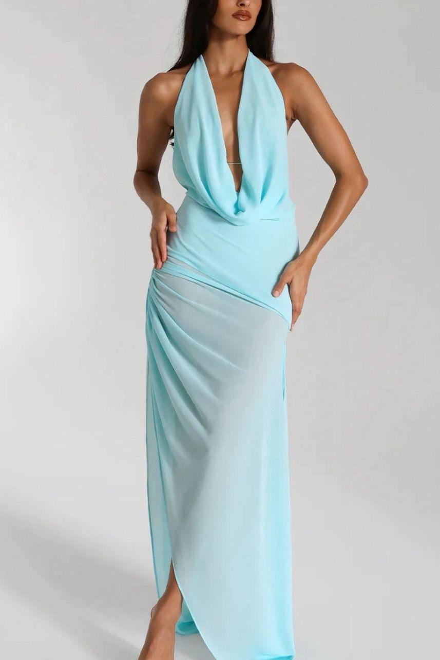 Halter Backless Sleeveless Pleated Long Formal Dress With Split
