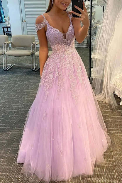 Off-Shoulder Prom Dress in Pink Tulle Featuring Appliques