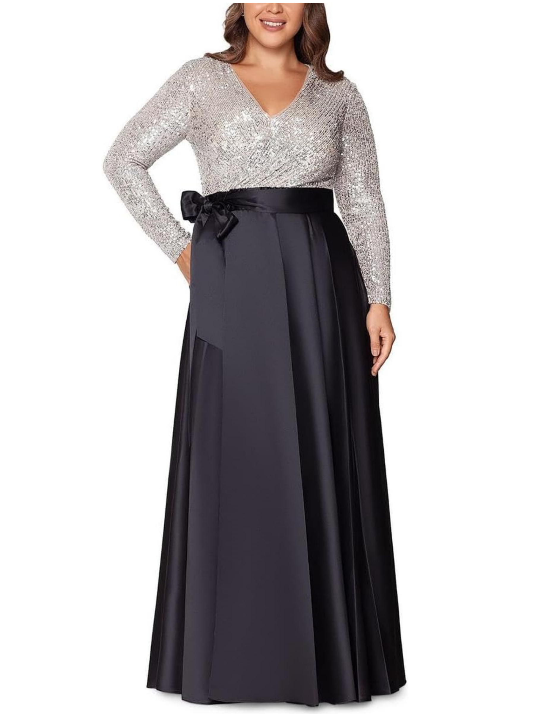 V-Neck A-Line Princess Floor-Length Mother of the Bride Dress with Long Sleeves Pocket and Sequins