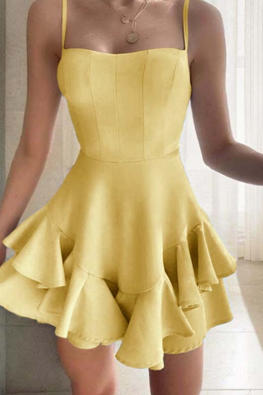 Lovely Sky Blue Square Neck Short Mini cocktail Dress With Ruffles