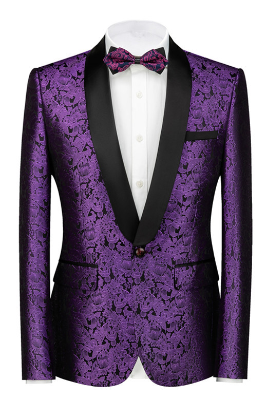 Stylish Purple Jacquard Slim-Fit Black-Lapel Wedding Tuxedo