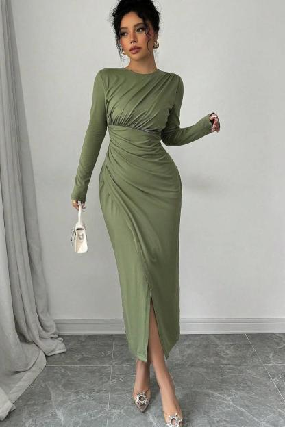 Long Sleeves Jewel Neck Tea Length Formal Dress With Split Pleated