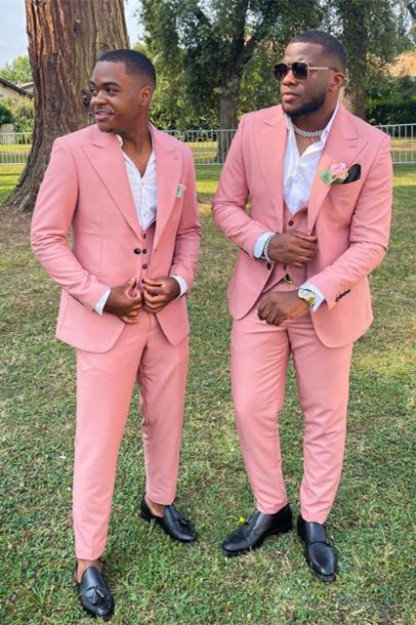 New Arrival Christopher Pink Peaked Lapel Three-Piece Wedding Groomsmen Suits