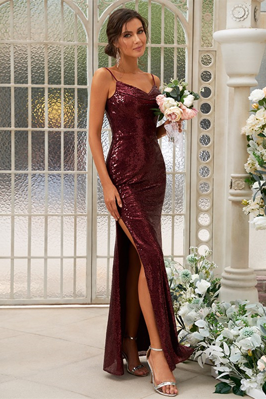 Sequins Burgundy Bridesmaid Dress Mermaid with Split