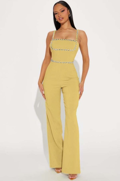 Fashion Green Square Neck Spaghetti-Straps Slim Fit Jump Suit