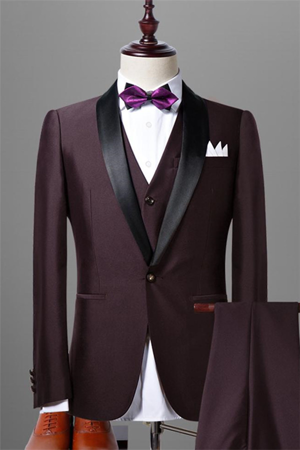 Solid Dark Slim Fit Maroon Three-Piece Shawl Lapel Wedding Tuxedos for Men