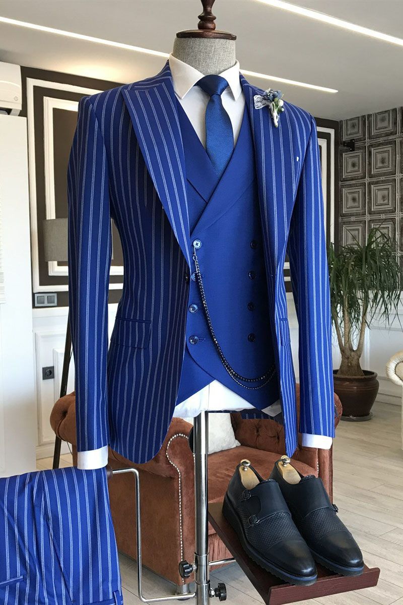 Gentle Blue with Striped Three-Piece Peaked Lapel Business Bespoke Suits
