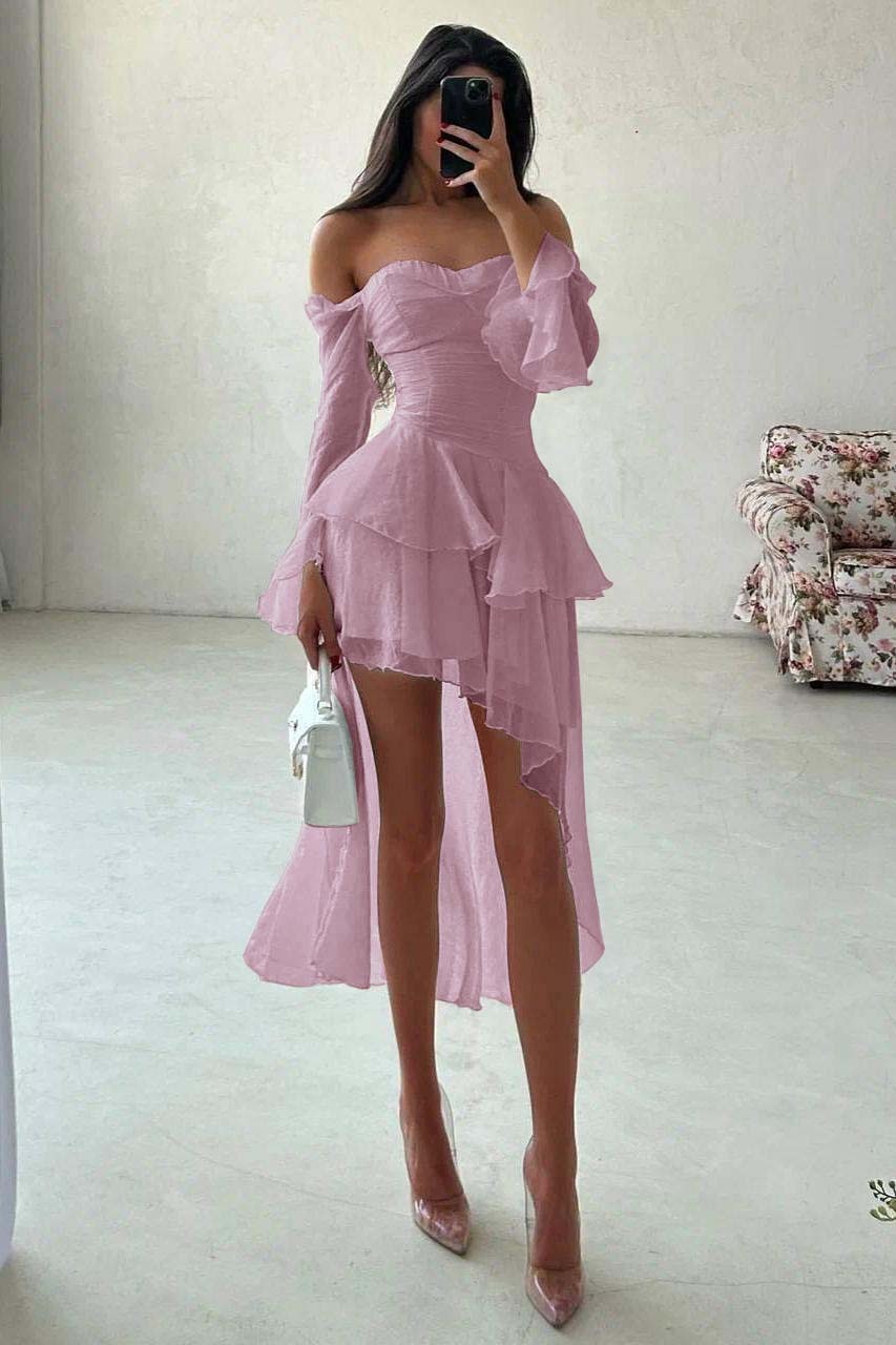 Strapless Long Sleeves Off the Shoulder Short Formal Dress With Ruffles
