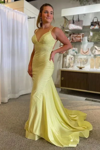 Long White Prom Dress with Sparkly Mermaid Silhouette and Sequined Spaghetti Straps