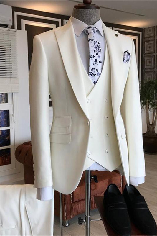 Caiden White Peaked-Lapel Bespoke Three-Piece Men's Suits for Weddings