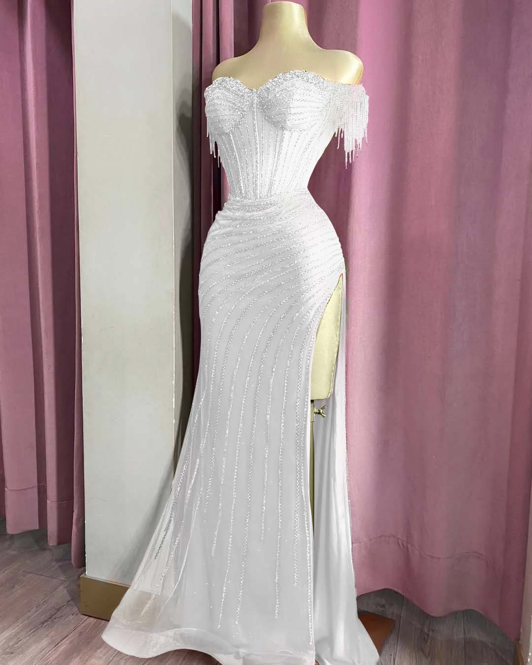 Off the Shoulder Sleeveless Long Split Formal Dress With Beading