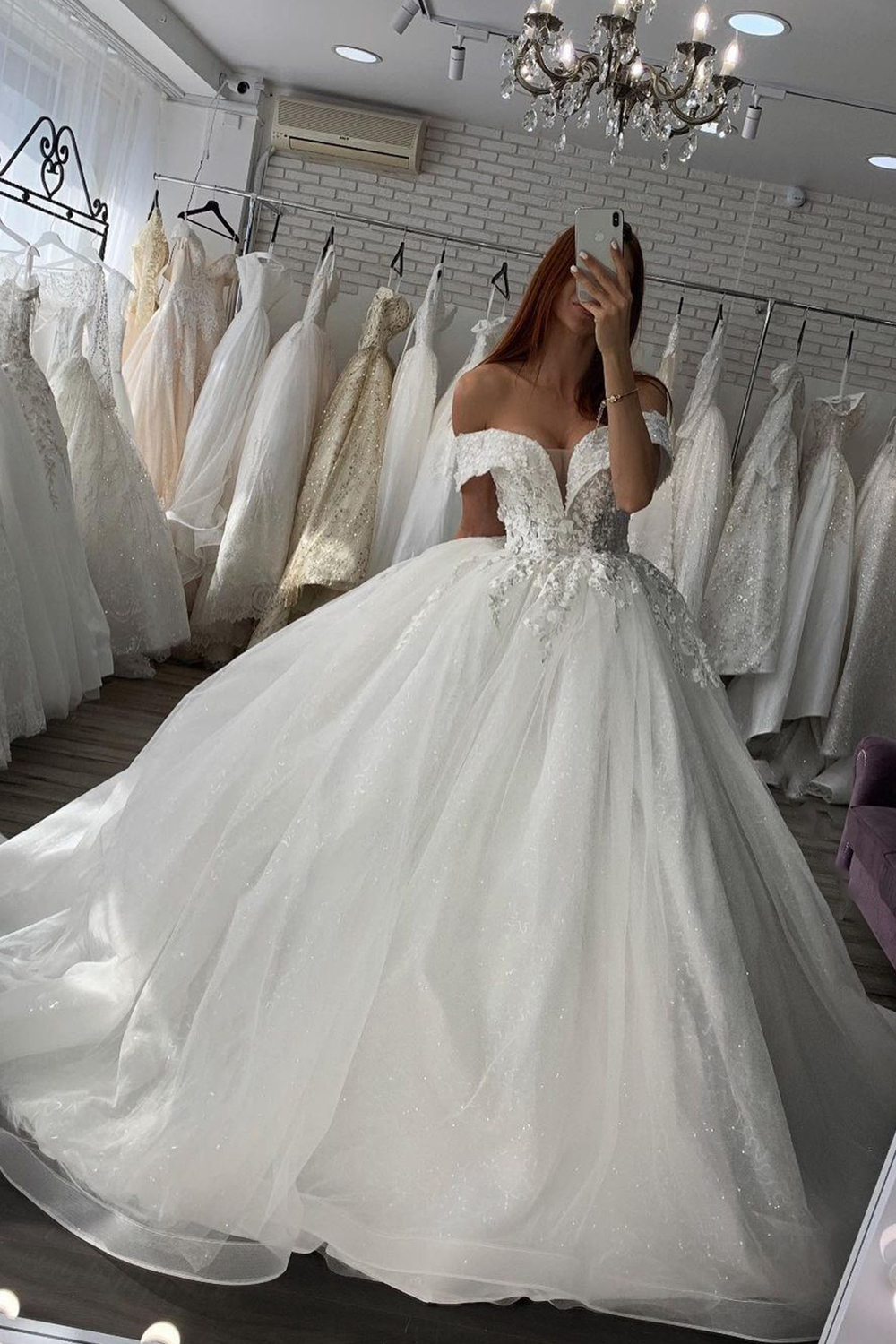 Shiny Ball Gown Off-The-Shoulder Wedding Dress with Lace Sweetheart