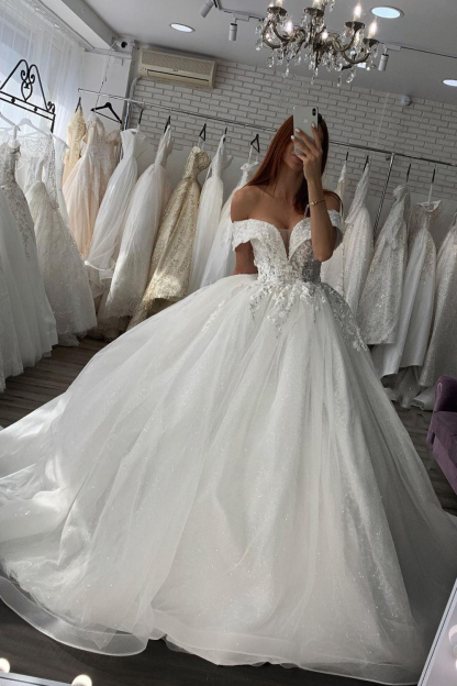 Shiny Ball Gown Off-The-Shoulder Wedding Dress with Lace Sweetheart