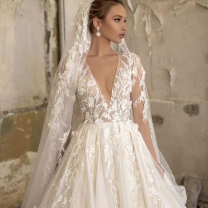 Chic Deep V-Neck Floor-Length Long Sleeves A-Line Wedding Dress Tulle with Appliques Lace Ruffles