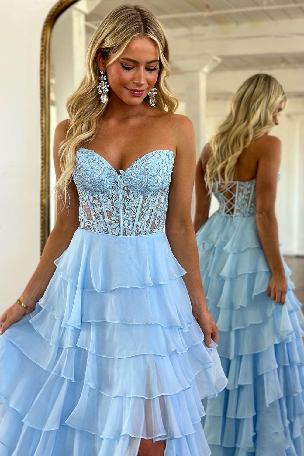 Long Chiffon Prom Dress in Pink with A-Line Corset and Tiered Slit