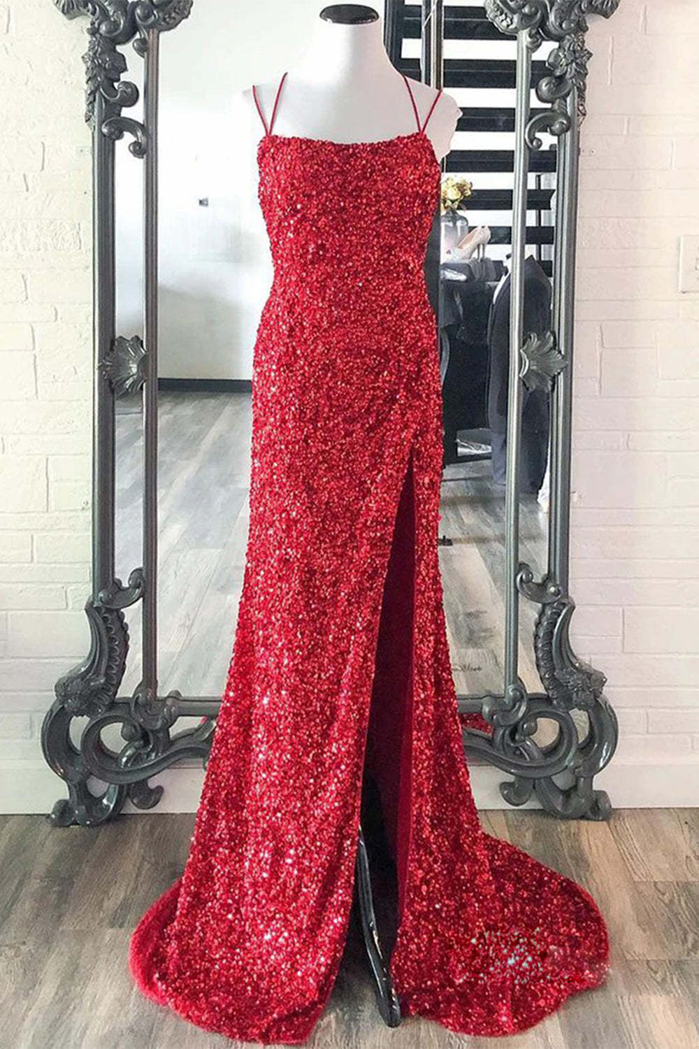 Long Red Mermaid Prom Dress Featuring Sequins and a Slit