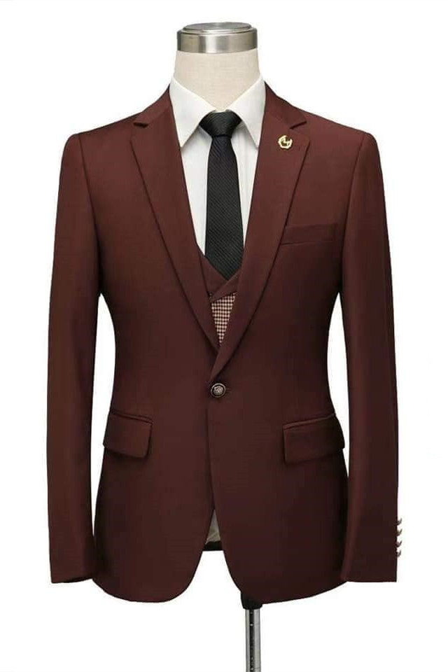 Unique Burgundy Notched-Lapel Fitted Wedding Suit for Men