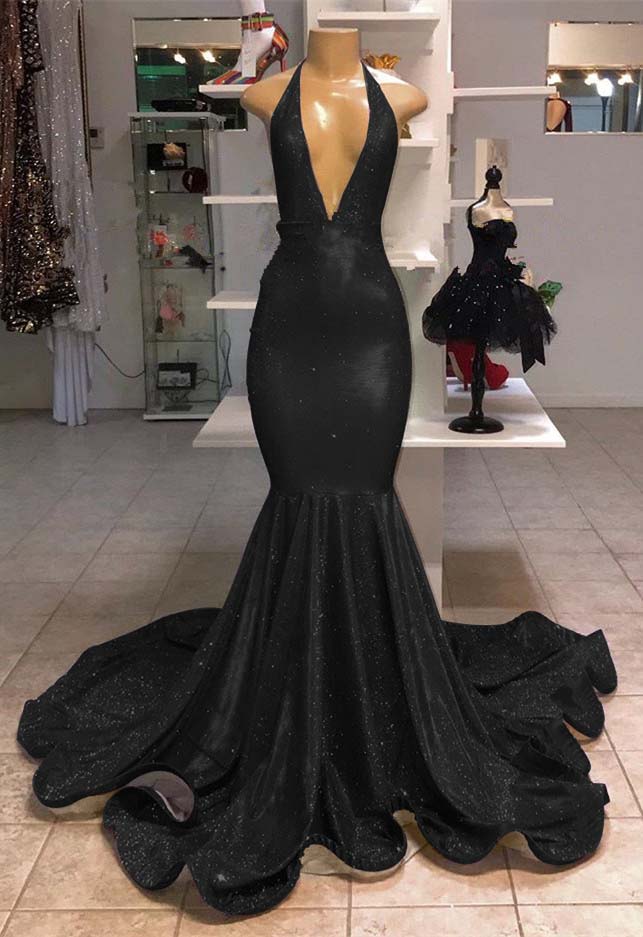 Halter V-Neck Mermaid Evening Dress With Sequins