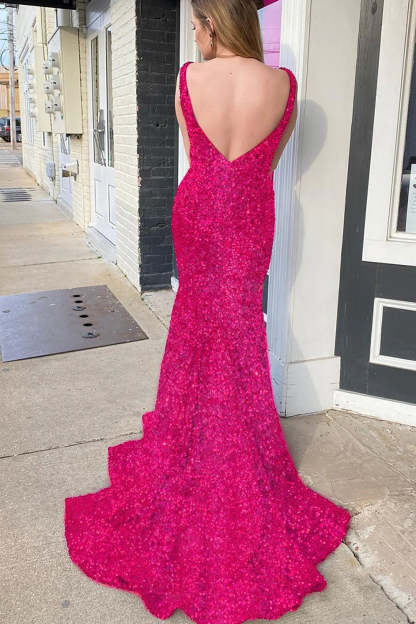 Pink Sequined Long Prom Dress with Mermaid Deep V Neckline