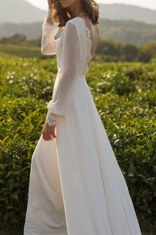 Long Sleeves Chiffon Backless Wedding Dress
