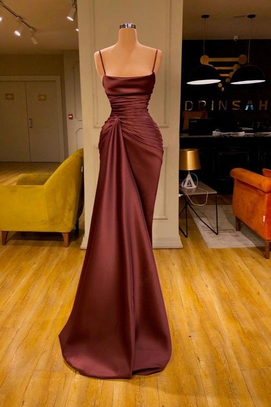 Spaghetti-Straps Cabernet Mermaid Prom Dress With Ruffles