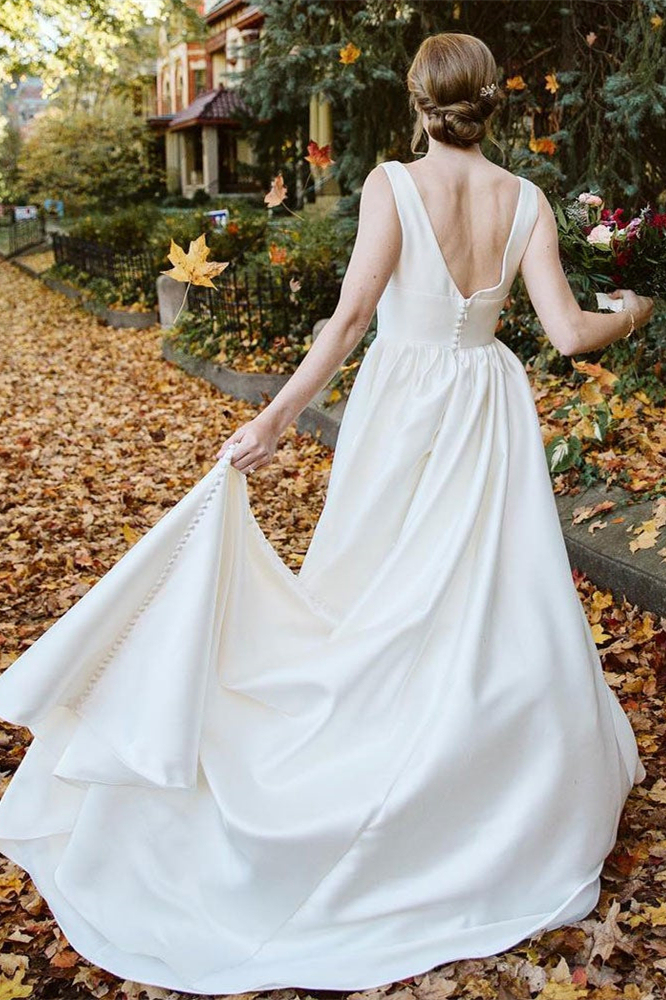 Sleeveless V-Neck Satin Wedding Dress