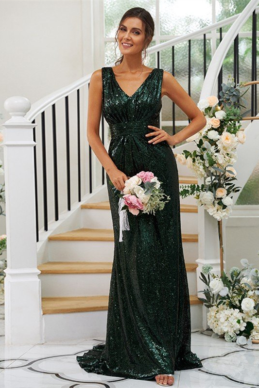Dark Green Sequins Sleeveless Bridesmaid Dress