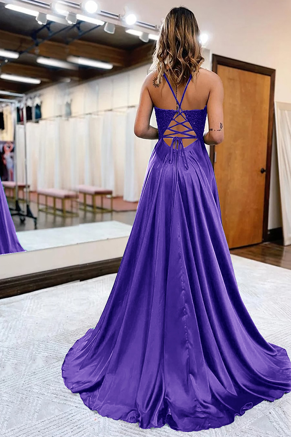 Prom Dress in Dark Green Satin with A-Line Silhouette and Appliques Featuring a Slit