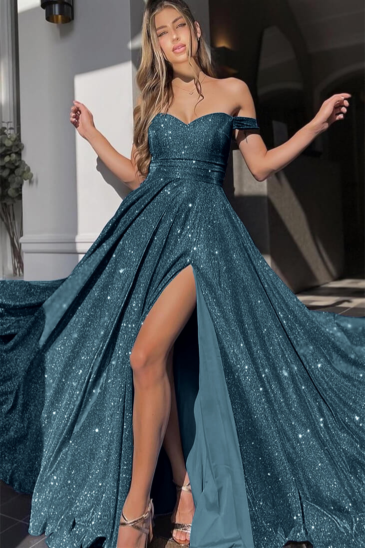 V-Neck Mermaid Front Split Evening Dress With Sequins Off-The-Shoulder