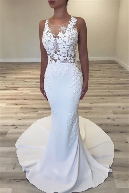 Sleeveless Mermaid Jewel Long Wedding Dress with Lace Appliques