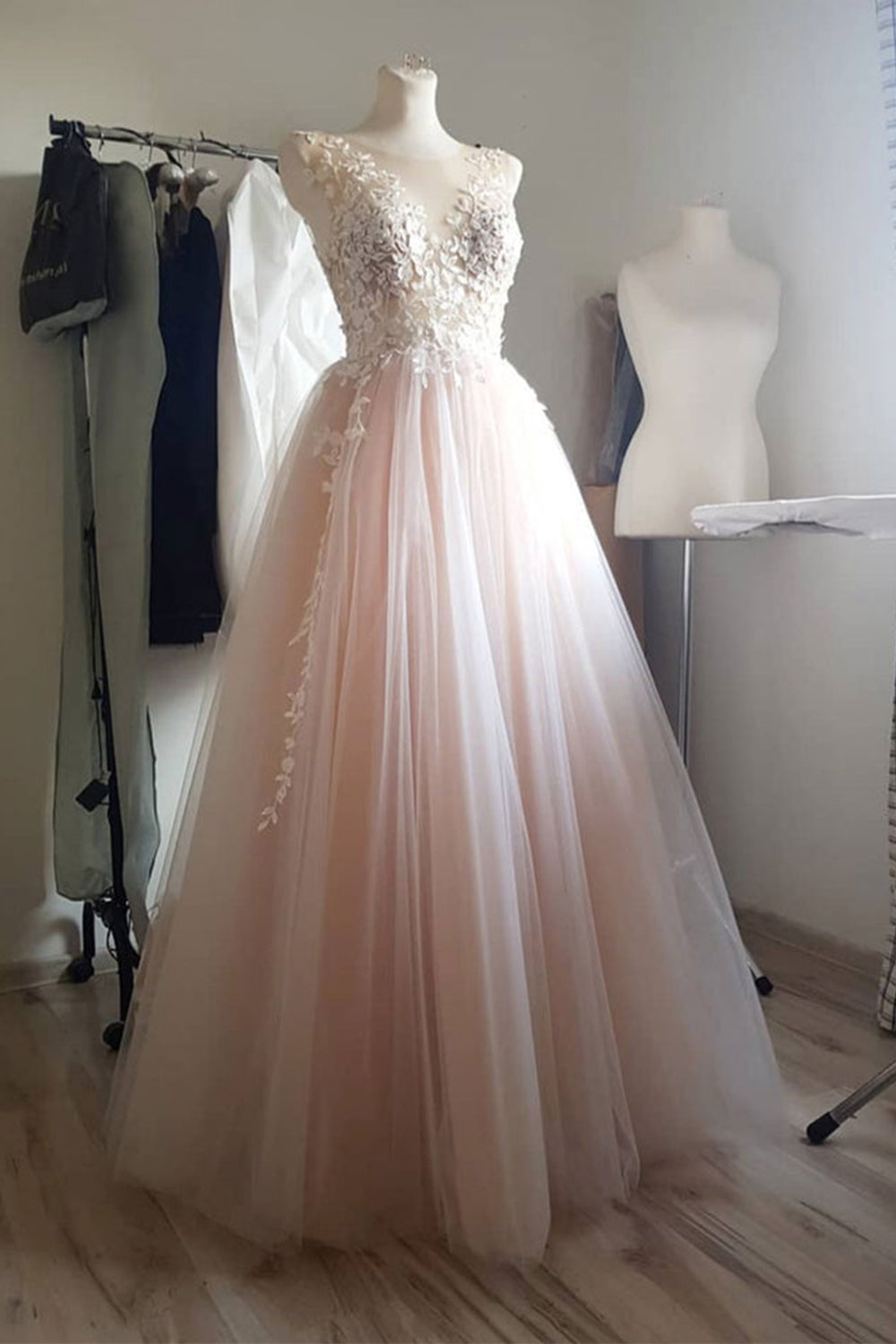 Long Prom Dress with Pearl Pink Illusion Neckline