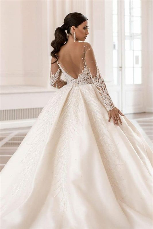 Bateau Long Sleeves Ball Gown Wedding Dress with Applique