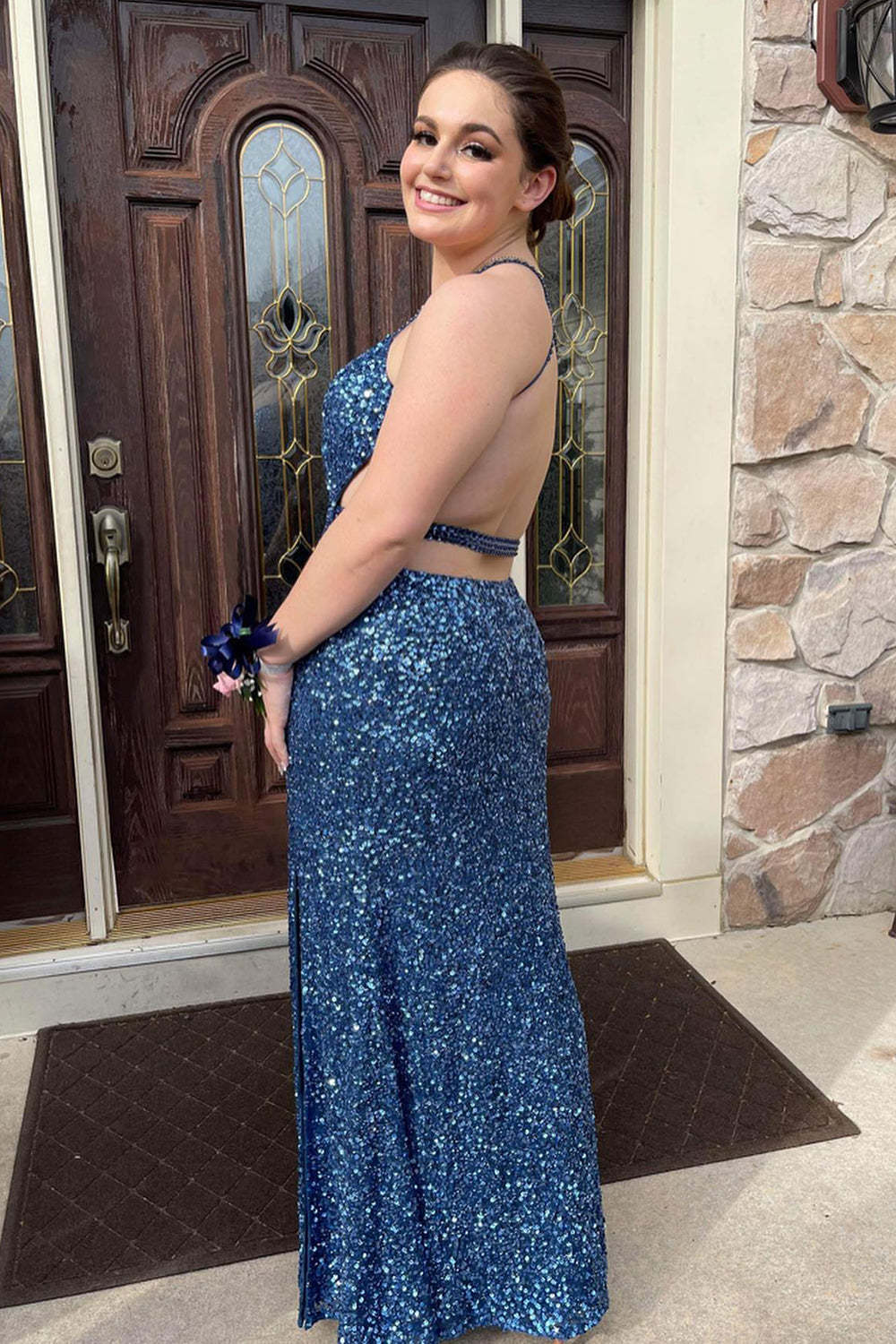Grey Blue Sequined Plus Size Prom Dress with Halter Neckline and Front Split