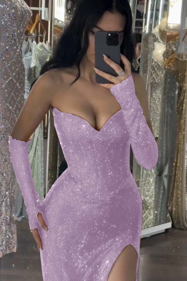 Sequin Strapless Long Mermaid Formal Dress With Split Detachable sleeves