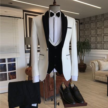 Slim Fit Hardy Black White Shawl Lapel Wedding Tuxedos