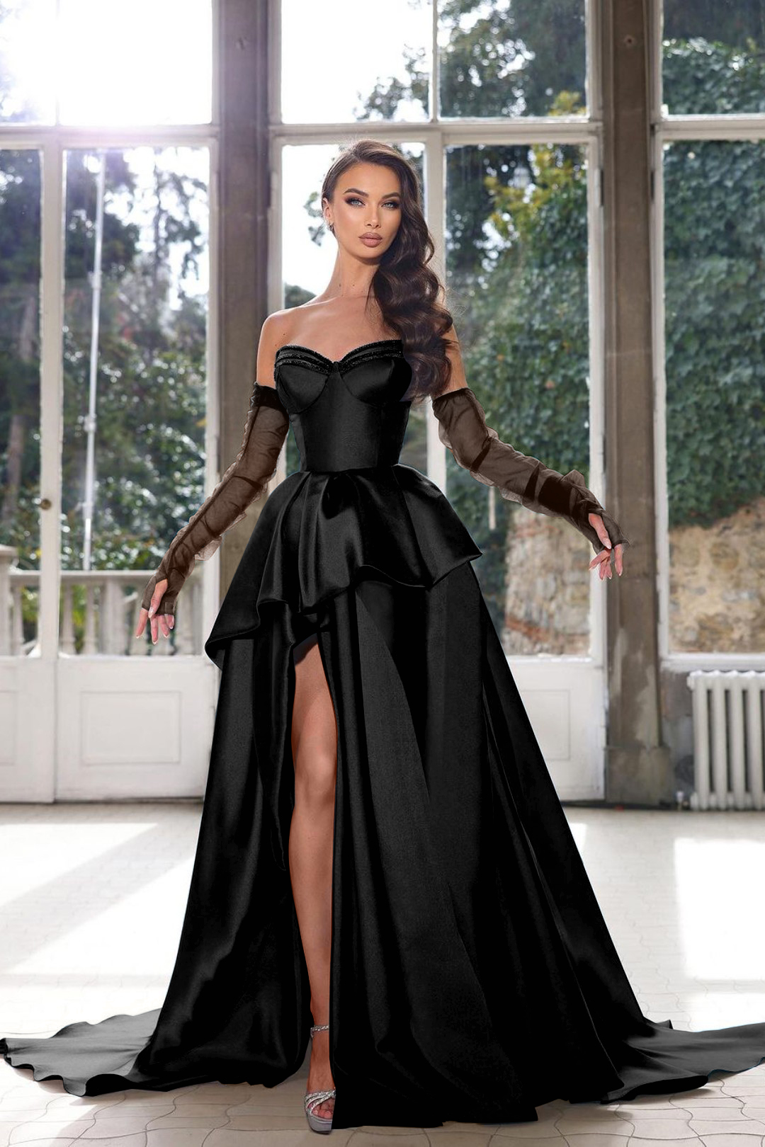 Glamorous Half Sleeves Ink Blue Formal Dress Strapless With High Split Gown