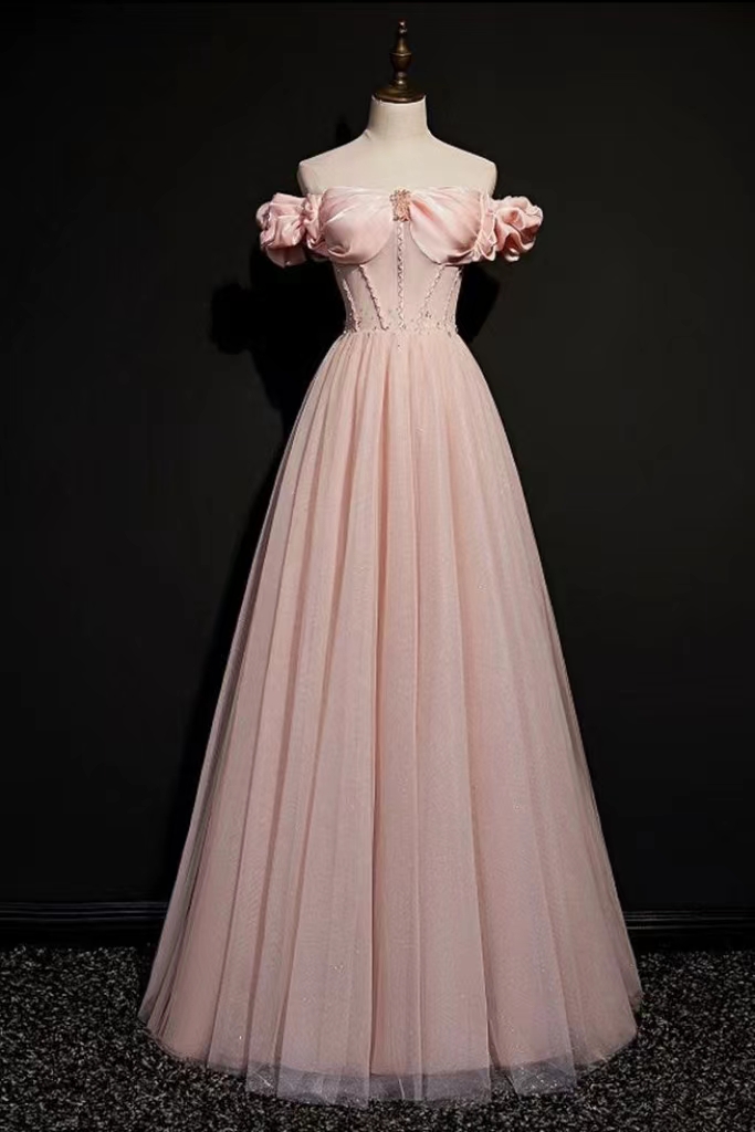 Pink Bow-Neck Off-The-Shoulder Beadings Prom Dress