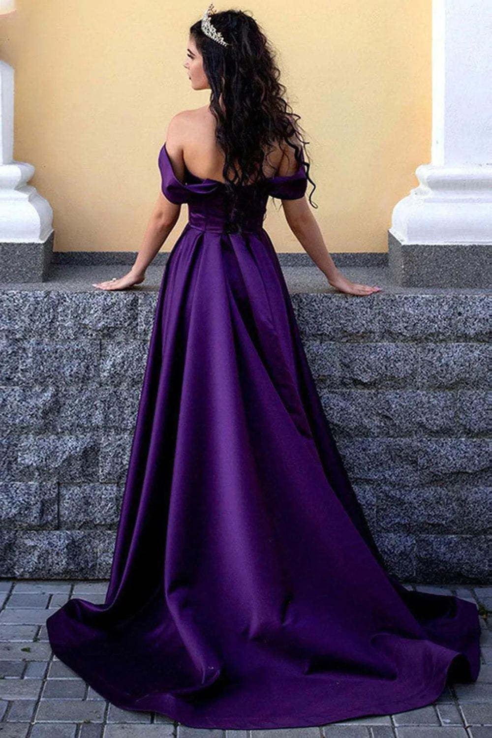 Long Purple Prom Dress with Off-the-Shoulder Neckline and Front Split
